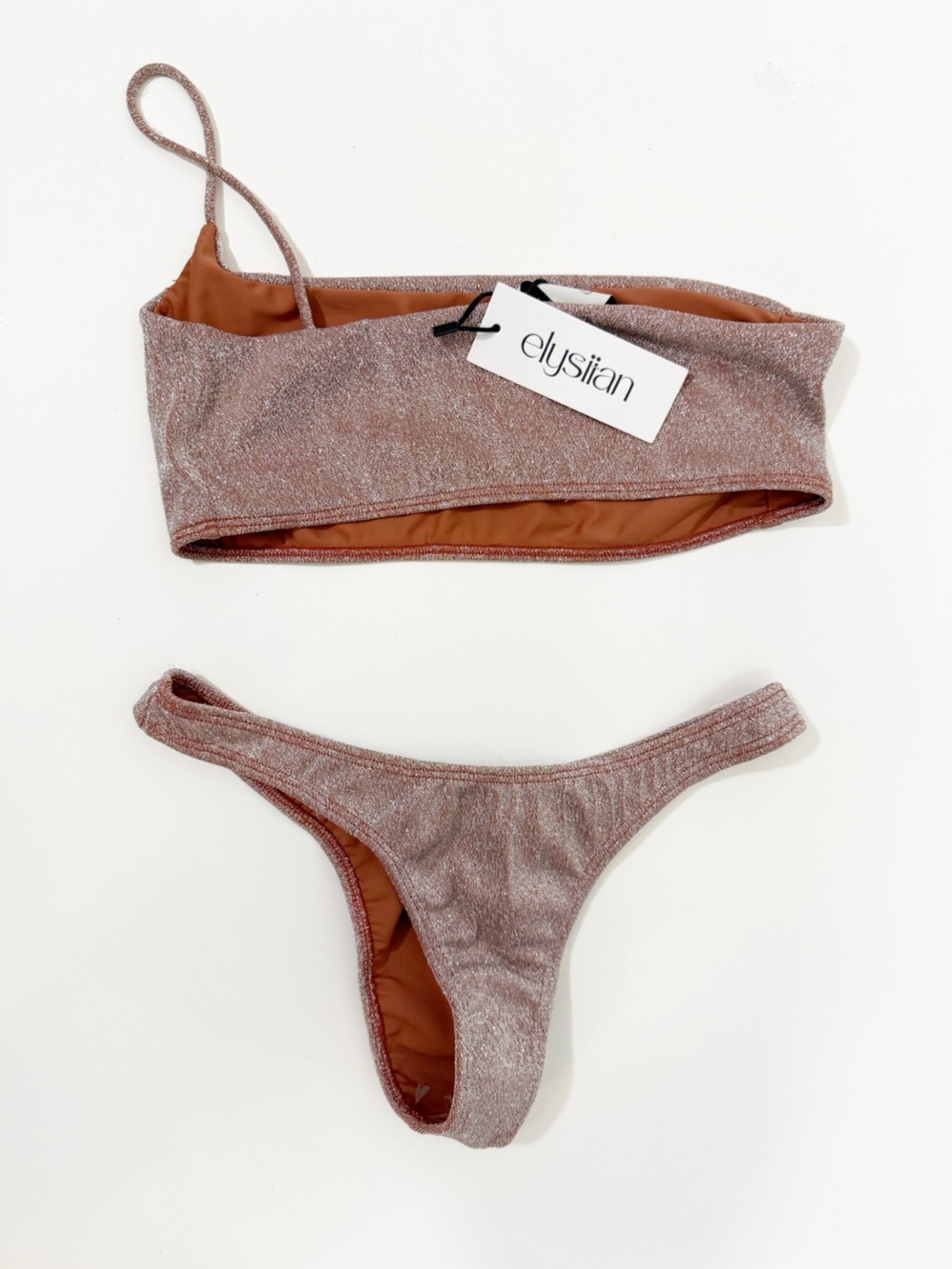 Nwt Elysiian Malibu Pink Brown Shimmer One Shoulder Bikini Swimsuit Large — image 3 of 4